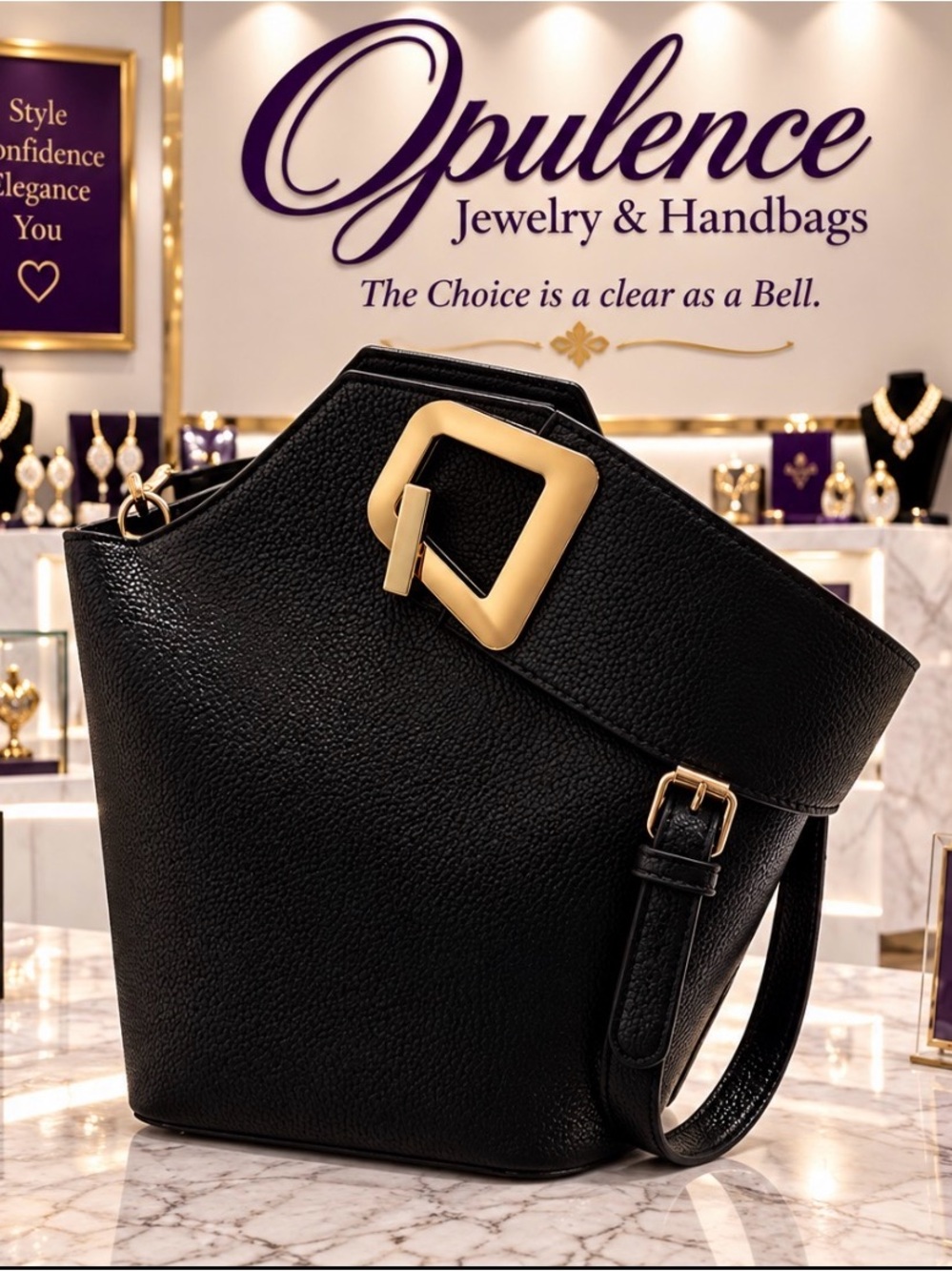 Black Leather Tote with Gold Buckle